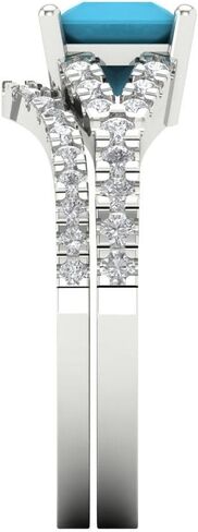 Wedding Ring Set for Women - 14K Solid Gold, White Gold Simulated Turquoise Engagament Ring and Stacking Zirconia Wedding Band Bridal Set, 3.4 tcw in Kuwait