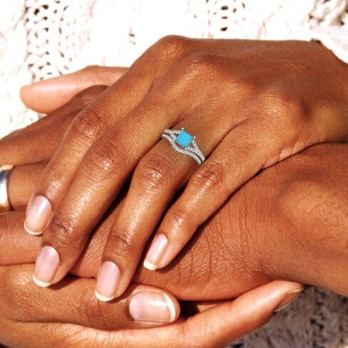 Wedding Ring Set for Women - 14K Solid Gold, White Gold Simulated Turquoise Engagament Ring and Stacking Zirconia Wedding Band Bridal Set, 3.4 tcw in Kuwait