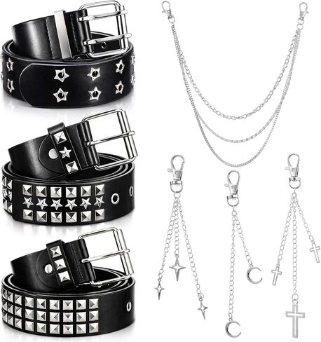 3 Pcs Black Studded Y2k Belts with 3 Pcs Detachable Tassel Pendants Faux Leather Gothic Punk Rock Rivet Belts Trousers Pants Chain for Women Men Mix and Match Y2k Hip Hop Jewelry Accessory in Saudi Arabia