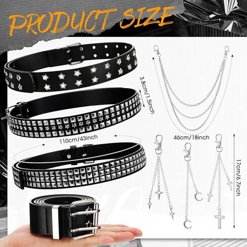 3 Pcs Black Studded Y2k Belts with 3 Pcs Detachable Tassel Pendants Faux Leather Gothic Punk Rock Rivet Belts Trousers Pants Chain for Women Men Mix and Match Y2k Hip Hop Jewelry Accessory in Saudi Arabia