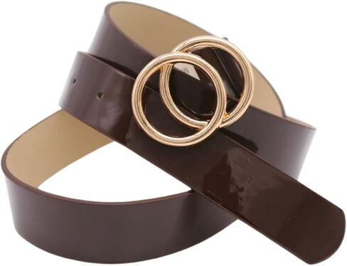 Women Fashion Business Casual Belt Faux Leather Brown Band Gold Circle Buckle M L in Saudi Arabia