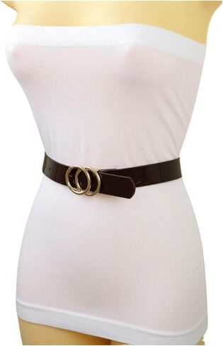 Women Fashion Business Casual Belt Faux Leather Brown Band Gold Circle Buckle M L in Saudi Arabia