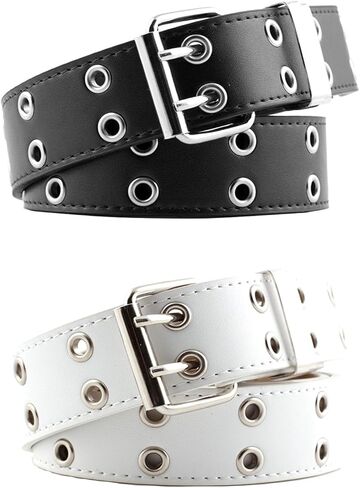 YMO Black Belt Women, White Double Grommet Leather Belt for Women Men Jeans Belts in Kuwait