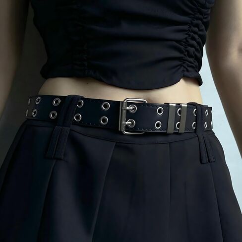 YMO Black Belt Women, White Double Grommet Leather Belt for Women Men Jeans Belts in Kuwait