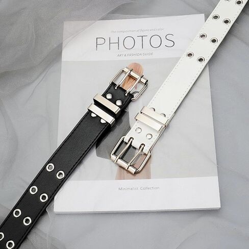 YMO Black Belt Women, White Double Grommet Leather Belt for Women Men Jeans Belts in Kuwait