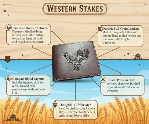 Western Leather Wallet for Men – Embossed Rooster Design – Classic Bifold Style with Tooled Texture in Saudi Arabia