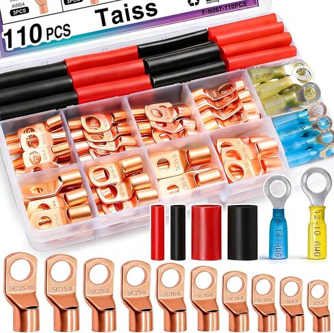 Taiss 110 قطعة من عروات الأسلاك النحاسية، عروات البطارية AWG 2/4/6/8/10/12/14/16 تشكيلة من العروات النحاسية، أطراف كابل البطارية موصلات أطراف حلقية نحاسية مع انكماش حراري in Kuwait