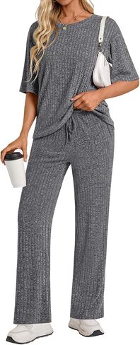 Womens 2 Piece Lounge Sets 2026 Short Sleeve Ribbed Knit Pajamas with Pockets in Saudi Arabia