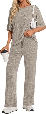 Womens 2 Piece Lounge Sets 2026 Short Sleeve Ribbed Knit Pajamas with Pockets in Saudi Arabia