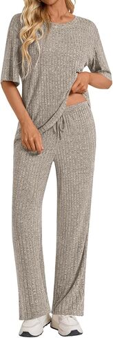 Womens 2 Piece Lounge Sets 2026 Short Sleeve Ribbed Knit Pajamas with Pockets in Saudi Arabia