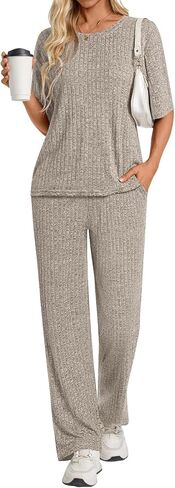 Womens 2 Piece Lounge Sets 2026 Short Sleeve Ribbed Knit Pajamas with Pockets in Saudi Arabia