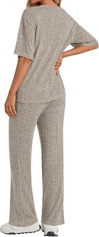 Womens 2 Piece Lounge Sets 2026 Short Sleeve Ribbed Knit Pajamas with Pockets in Saudi Arabia
