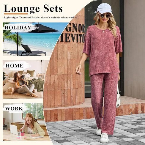 Womens 2 Piece Lounge Sets 2026 Short Sleeve Ribbed Knit Pajamas with Pockets in Saudi Arabia
