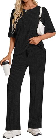 Womens 2 Piece Lounge Sets 2026 Short Sleeve Ribbed Knit Pajamas with Pockets in Saudi Arabia