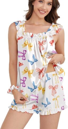 طقم بيجامة حريمي من SAPJON مكون من 4 قطع من الحرير الناعم المكشكش Pj بدون أكمام وسروال قصير ملابس نوم بيجامات الزفاف in Kuwait