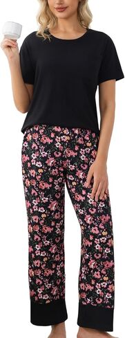 PNAEONG Womens Pajama Set Soft Comfy Short Sleeve Top and Printed Long Pants Lounge Sleepwear Pajamas with Pockets in Kuwait