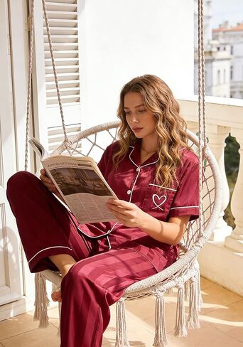 Womens Satin Pajamas Set Silk Pajamas for Women Set 2 Piece Striped Pjs Short Sleeves Button Down Loungewear in Kuwait