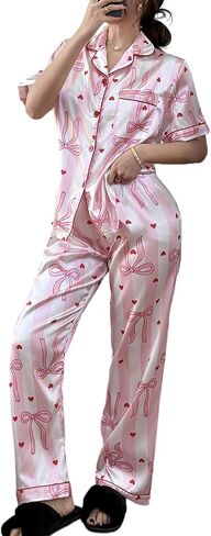 Womens Satin Pajamas Set Silk Pajamas for Women Set 2 Piece Striped Pjs Short Sleeves Button Down Loungewear in Kuwait