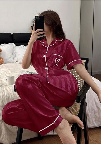 Womens Satin Pajamas Set Silk Pajamas for Women Set 2 Piece Striped Pjs Short Sleeves Button Down Loungewear in Kuwait