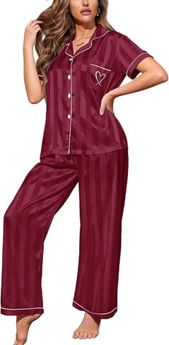 Womens Satin Pajamas Set Silk Pajamas for Women Set 2 Piece Striped Pjs Short Sleeves Button Down Loungewear in Kuwait