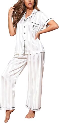 Womens Satin Pajamas Set Silk Pajamas for Women Set 2 Piece Striped Pjs Short Sleeves Button Down Loungewear in Kuwait