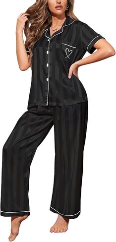 Womens Satin Pajamas Set Silk Pajamas for Women Set 2 Piece Striped Pjs Short Sleeves Button Down Loungewear in Kuwait