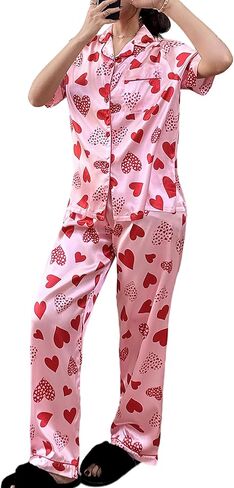 Womens Satin Pajamas Set Silk Pajamas for Women Set 2 Piece Striped Pjs Short Sleeves Button Down Loungewear in Kuwait