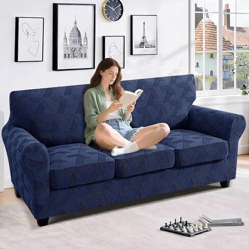 JIVINER 4 قطع غطاء أريكة لـ 3 وسائد، أغطية أريكة عالية التمدد مع قاعدة مرنة، أغطية أريكة قابلة للغسل للكلاب، الحيوانات الأليفة تتميز بنسيج جاكار هندسي (أريكة، أزرق داكن) in Kuwait