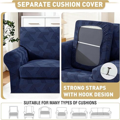 JIVINER 4 قطع غطاء أريكة لـ 3 وسائد، أغطية أريكة عالية التمدد مع قاعدة مرنة، أغطية أريكة قابلة للغسل للكلاب، الحيوانات الأليفة تتميز بنسيج جاكار هندسي (أريكة، أزرق داكن) in Kuwait