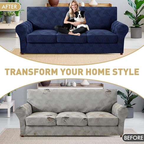 JIVINER 4 قطع غطاء أريكة لـ 3 وسائد، أغطية أريكة عالية التمدد مع قاعدة مرنة، أغطية أريكة قابلة للغسل للكلاب، الحيوانات الأليفة تتميز بنسيج جاكار هندسي (أريكة، أزرق داكن) in Kuwait