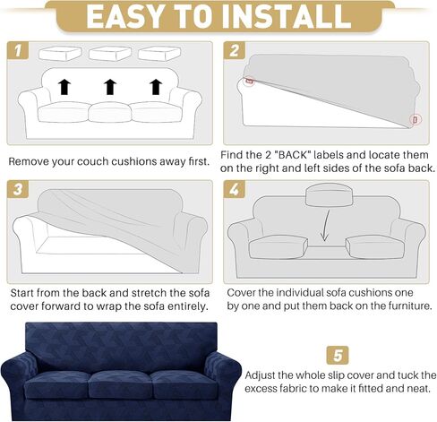 JIVINER 4 قطع غطاء أريكة لـ 3 وسائد، أغطية أريكة عالية التمدد مع قاعدة مرنة، أغطية أريكة قابلة للغسل للكلاب، الحيوانات الأليفة تتميز بنسيج جاكار هندسي (أريكة، أزرق داكن) in Kuwait