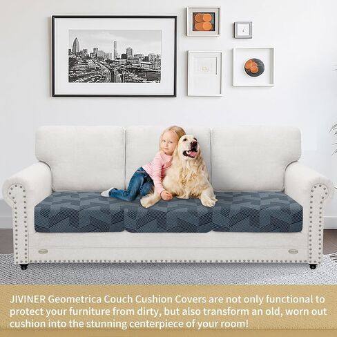 JIVINER Stretch Couch Cushion Covers, Geometrical Cushion Slipcover for Chair Loveseat Sofa Seat Cushion Furniture Protector with Elastic Bottom & Non-Slip Strap (3 Pieces Seat Covers, Dark Grey) in Saudi Arabia