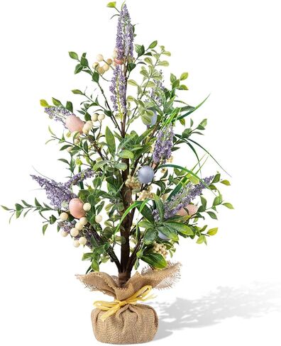 Glitzhome Easter Eggs Table Tree with Burlap Stone Base Decorative Artificial Table Tree Decor with Lavender and Eggs for Spring Easter Party Supplies Props in Saudi Arabia