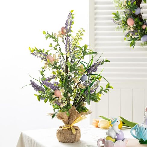 Glitzhome Easter Eggs Table Tree with Burlap Stone Base Decorative Artificial Table Tree Decor with Lavender and Eggs for Spring Easter Party Supplies Props in Saudi Arabia