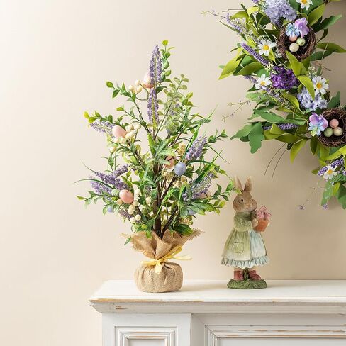 Glitzhome Easter Eggs Table Tree with Burlap Stone Base Decorative Artificial Table Tree Decor with Lavender and Eggs for Spring Easter Party Supplies Props in Saudi Arabia