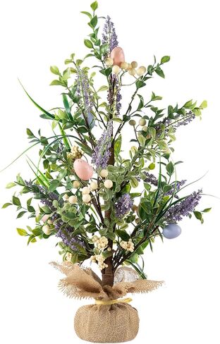 Glitzhome Easter Eggs Table Tree with Burlap Stone Base Decorative Artificial Table Tree Decor with Lavender and Eggs for Spring Easter Party Supplies Props in Saudi Arabia