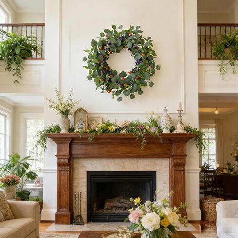 TEMPUS 22 Inch Eucalyptus Wreath for Front Door Eucalyptus Greenery Wreath with Olive Leaves and Hazelnuts for Front Door Indoor Outdoor Farmhouse Wedding Holiday Decor All Seasons in Saudi Arabia