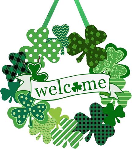 St. Patrick's Day Shamrock Door Sign, Welcome Wreath for Front Door Wooden Green Shamrock Hanging Signs Lucky Clover Doors Hanger for Irish Wall Decor Spring Holiday Party Home Indoor Outdoor in Saudi Arabia