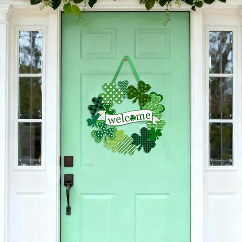 St. Patrick's Day Shamrock Door Sign, Welcome Wreath for Front Door Wooden Green Shamrock Hanging Signs Lucky Clover Doors Hanger for Irish Wall Decor Spring Holiday Party Home Indoor Outdoor in Saudi Arabia