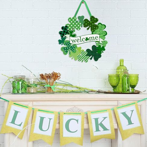 St. Patrick's Day Shamrock Door Sign, Welcome Wreath for Front Door Wooden Green Shamrock Hanging Signs Lucky Clover Doors Hanger for Irish Wall Decor Spring Holiday Party Home Indoor Outdoor in Saudi Arabia