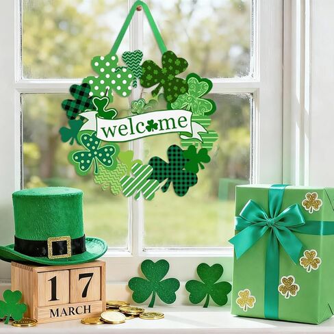 St. Patrick's Day Shamrock Door Sign, Welcome Wreath for Front Door Wooden Green Shamrock Hanging Signs Lucky Clover Doors Hanger for Irish Wall Decor Spring Holiday Party Home Indoor Outdoor in Saudi Arabia