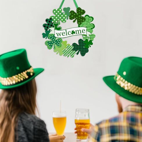 St. Patrick's Day Shamrock Door Sign, Welcome Wreath for Front Door Wooden Green Shamrock Hanging Signs Lucky Clover Doors Hanger for Irish Wall Decor Spring Holiday Party Home Indoor Outdoor in Saudi Arabia