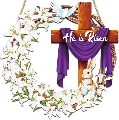 He is Risen Easter Wooden Wreaths, 12 Inch Bunny Eggs Cross Wood Wreath Decorations, Easter Jesus Lily Front Door Wall Hanging Signs for Spring Holiday Festival Indoor Outdoor Farmhouse Home Decor in Kuwait