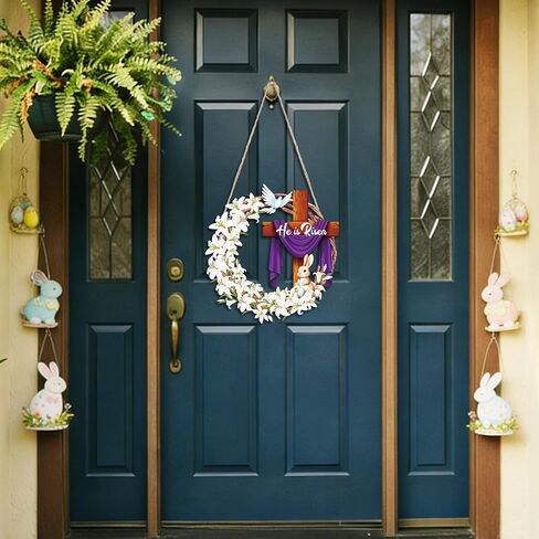 He is Risen Easter Wooden Wreaths, 12 Inch Bunny Eggs Cross Wood Wreath Decorations, Easter Jesus Lily Front Door Wall Hanging Signs for Spring Holiday Festival Indoor Outdoor Farmhouse Home Decor in Kuwait