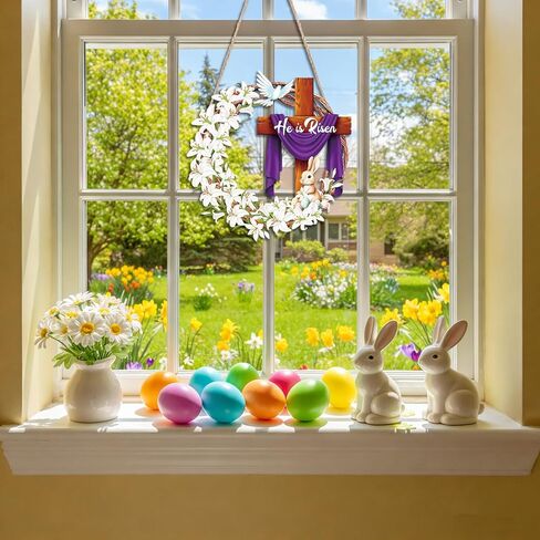 He is Risen Easter Wooden Wreaths, 12 Inch Bunny Eggs Cross Wood Wreath Decorations, Easter Jesus Lily Front Door Wall Hanging Signs for Spring Holiday Festival Indoor Outdoor Farmhouse Home Decor in Kuwait