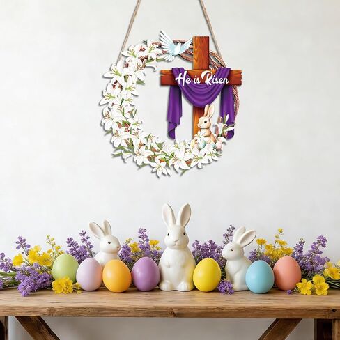 He is Risen Easter Wooden Wreaths, 12 Inch Bunny Eggs Cross Wood Wreath Decorations, Easter Jesus Lily Front Door Wall Hanging Signs for Spring Holiday Festival Indoor Outdoor Farmhouse Home Decor in Kuwait