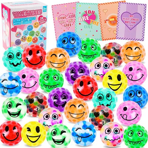 28 Pack Valentines Day Gifts for Kids, Kids Valentines Day Cards with Stress Ball, Valentine Gift Exchange Squeeze Relief Balls Fidget Stretchy Toys for Boys Girl Valentines Day Party Favors Supplies in Saudi Arabia