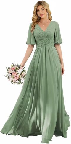 Women‘s Flutter Sleeve Bridesmaid Dresses Chiffon High Split V Neck Formal Dresses Long with Pockets in Saudi Arabia