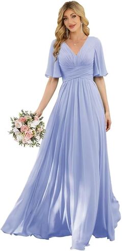 Women‘s Flutter Sleeve Bridesmaid Dresses Chiffon High Split V Neck Formal Dresses Long with Pockets in Saudi Arabia