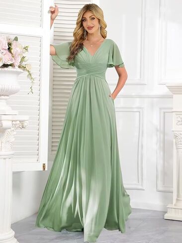 Women‘s Flutter Sleeve Bridesmaid Dresses Chiffon High Split V Neck Formal Dresses Long with Pockets in Saudi Arabia